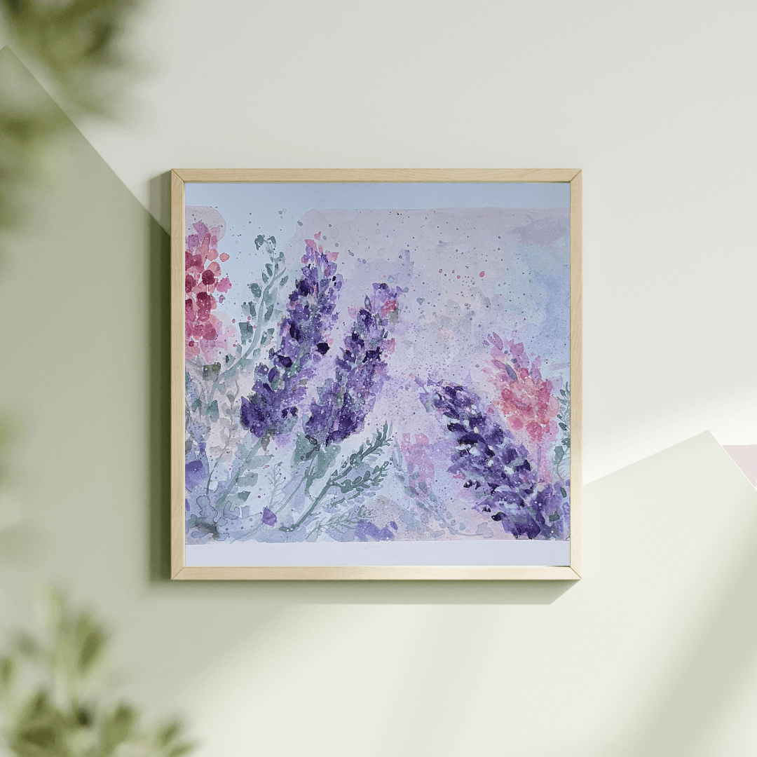 Framed watercolour painting in a living room setting